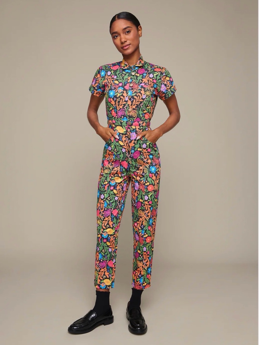 Multicolor Floral Short-Sleeve Button-Front Jumpsuit
